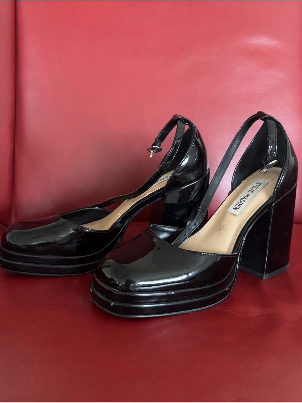 Steve Madden Black Patent Platform Block Heel Ankle-Strap Pumps
